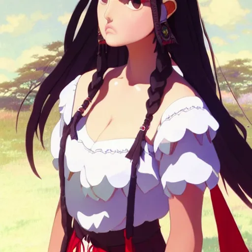 Image similar to a beautiful plus sized natalie portman model, brown skin, wearing catholic school girl outfit with mayan pattern and native style, jrpg aztec street fashion, gapmoe yandere grimdark, trending on pixiv fanbox, painted by greg rutkowski makoto shinkai takashi takeuchi studio ghibli, akihiko yoshida