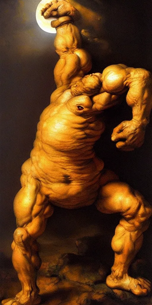 Prompt: oversized muscular lion lifting the moon, human bloody legs full body portrait pose , very textured detailed oil painting by rembrandt , hard backlight , in dark cave