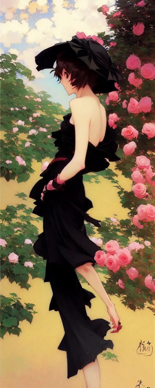 Image similar to beautiful rose anime girl in elegent black dress, krenz cushart, mucha, ghibli, by joaquin sorolla rhads leyendecker, by ohara koson