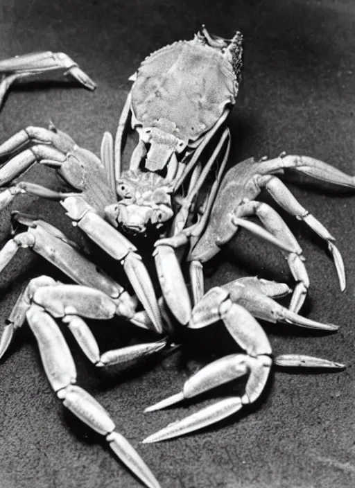 Prompt: a vintage photo of a half-man half-crab creature