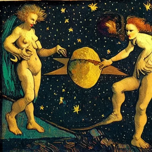 Prompt: dancing punks on the moon, illustration, leonardo da vinci, van gogh, hugo, marilyn monroe