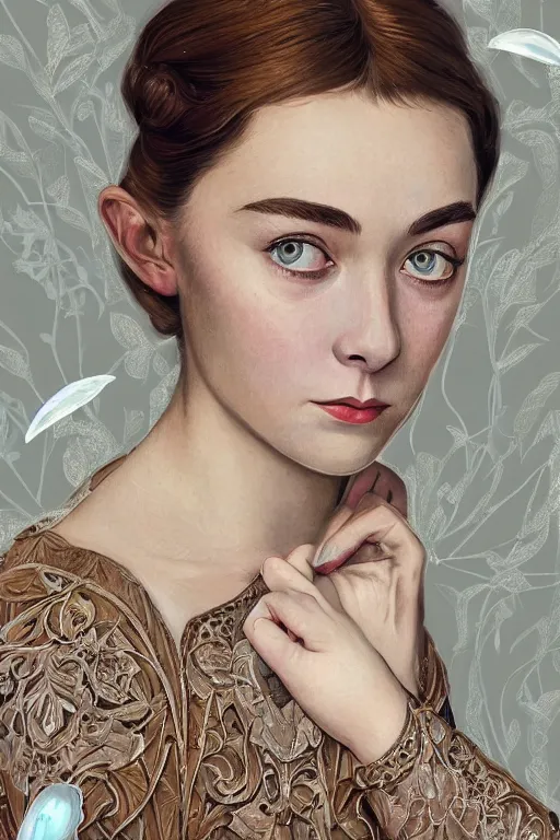 Image similar to a full body art nouveau portrait of a 16-year old girl who resembles Audrey Hepburn and Saoirse Ronan with a worried, intense gaze and slightly opened mouth, wearing sheer silks and ornate intricate iridescent mother-of-pearl jewelry, intricate, elegant, highly detailed, digital painting, artstation, concept art, smooth, sharp focus, illustration, art by John William Waterhouse and Bouguereau and Donato Giancola and alphonse mucha