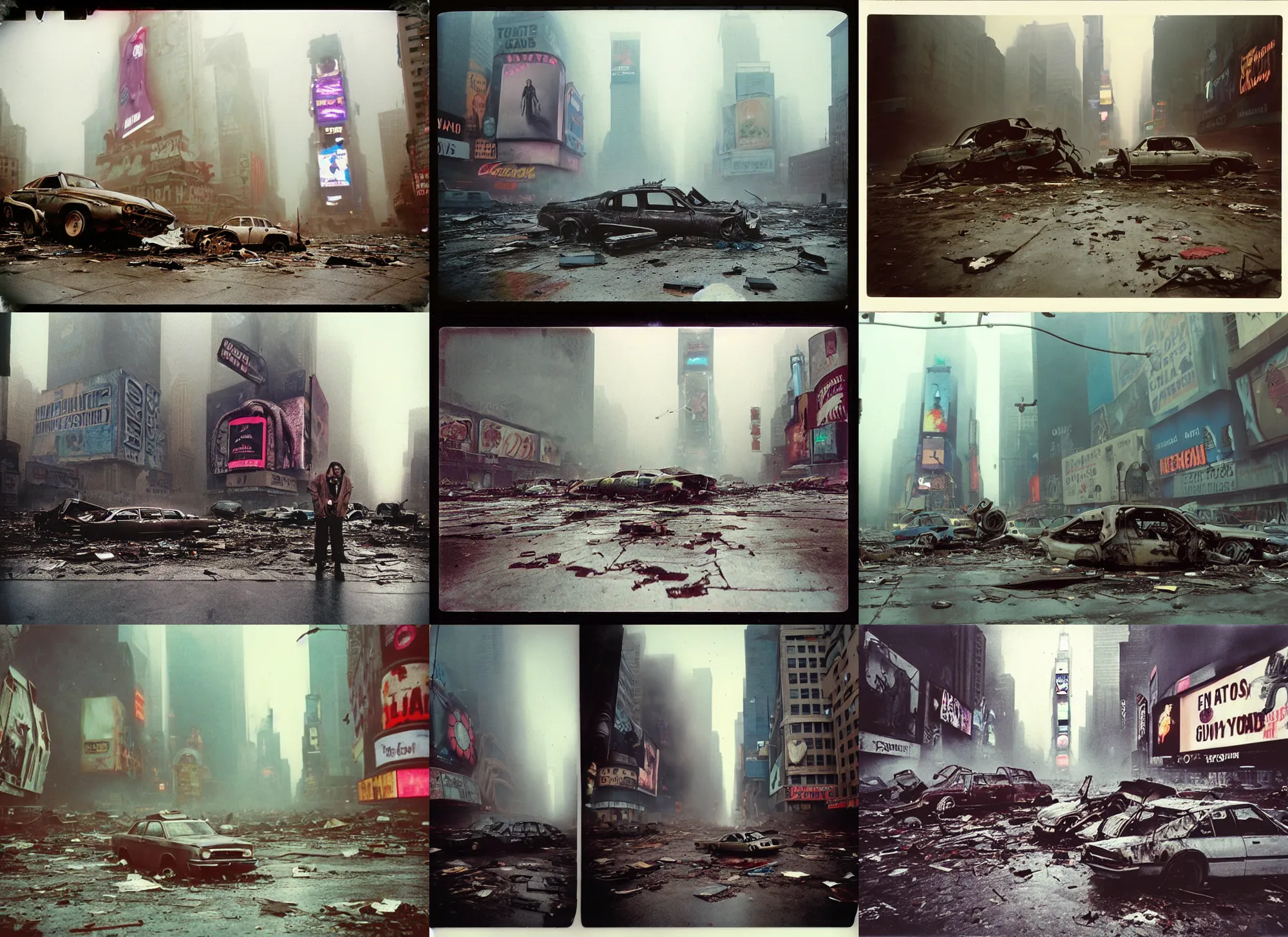 Prompt: giant octopus standing in postapocalyptic abandoned destroyed times square, wrecked buildings, destroyed flipped wrecked cars, polaroid photo, vintage, foggy, 1 9 8 5, neutral colors, rainy day, color photo by gregory crewdson