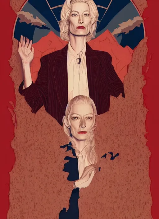 Image similar to Twin Peaks poster artwork by Michael Whelan, Bob Larkin and Tomer Hanuka, Karol Bak of portrait of radio host Tilda Swinton!!!!!!!!!! lounging in her radio sound booth, alone, late at night, from scene from Twin Peaks, simple illustration, domestic, nostalgic, from scene from Twin Peaks, clean, cover of New Yorker magazine