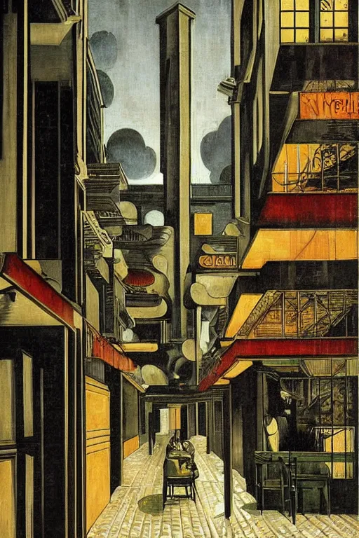 Image similar to empty cafes on a rainy night in a cyberpunk city street by giorgio de chirico