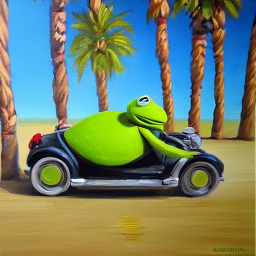 Image similar to kermit driving a car, palm trees, oil painting, detailed