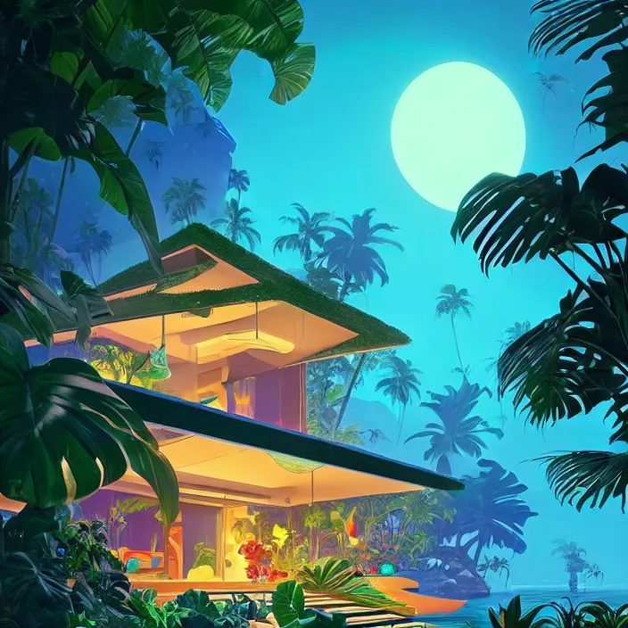 Image similar to a luminescent tropical cottage by paolo eleuteri serpieri and tomer hanuka and chesley bonestell and daniel merriam and tomokazu matsuyama, unreal engine, high resolution render, featured on artstation, octane, 8 k, highly intricate details, vivid colors, vector illustration