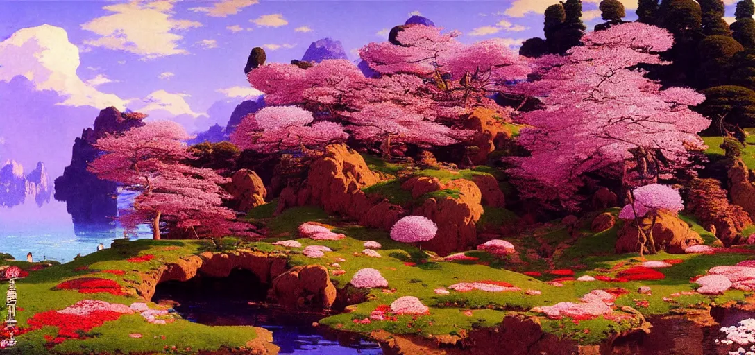 Image similar to ghibli illustrated background of a strikingly beautiful landform with strange rock formations and red water, purple flowers and cherry blossoms by vasily polenov, eugene von guerard, ivan shishkin, albert edelfelt, john singer sargent, albert bierstadt 4 k