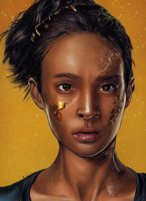 Image similar to An sci-fi comic book style portrait painting of a short, dark-skinned, slender soldier girl wearing a gold and green shirt with short auburn hair that comes almost to her shoulders with brown eyes that look almost black with flecks of gold in them. The girl has a medium-sized scar on the upper right side of her head, unreal 5, DAZ, hyperrealistic, octane render, cosplay, RPG portrait, dynamic lighting