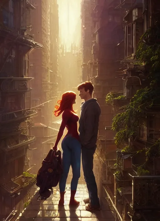 Prompt: highly detailed portrait of mary jane watson and peter parker, stephen bliss, unreal engine, fantasy art by greg rutkowski, loish, rhads, ferdinand knab, makoto shinkai and lois van baarle, ilya kuvshinov, rossdraws, tom bagshaw, alphonse mucha, global illumination, radiant light, detailed and intricate environment