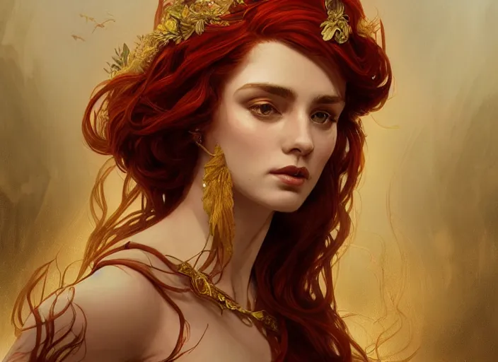 Prompt: A gorgeous Greek Goddess with long flowing red hair, fantasy, intricate, elegant, highly detailed, D&D, digital painting, artstation, concept art, matte painting, sharp focus, illustration, in the style of Greg Rutkowski and Alphonse Mucha and artemisia gentileschi