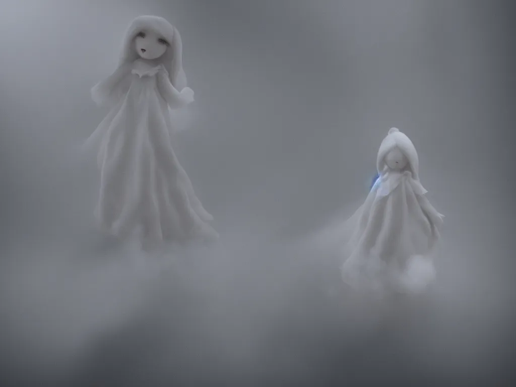 Prompt: cute fumo plush girl ghost in the haze of the murky river, smoke and volumetric fog, light shafts, light and shadow, vray