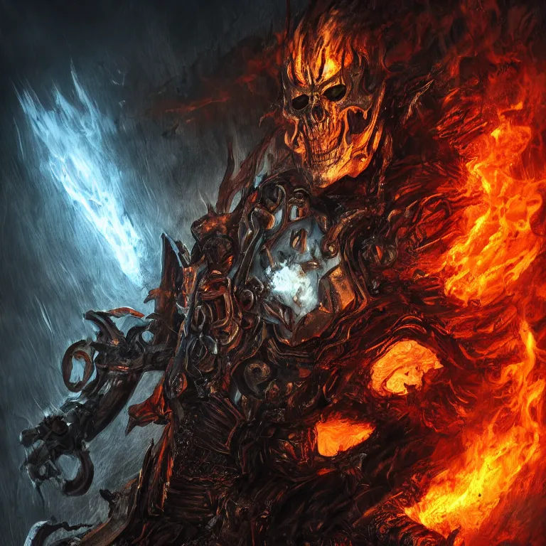 Image similar to Ghost Rider, flaming grim reaper, demons of hell, the pits of hell, headshot photo, character concept, dark souls concept art, Feng Zhu concept art, dramatic lighting, highly stylized, trending on artstation, high-quality wallpaper, desktopography