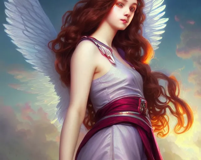 Image similar to sweet innocent kind loving angel girl, photography of kurzgesagt, deep focus, d & d, fantasy, intricate, elegant, highly detailed, digital painting, artstation, concept art, matte, sharp focus, illustration, hearthstone, art by artgerm and greg rutkowski and alphonse mucha