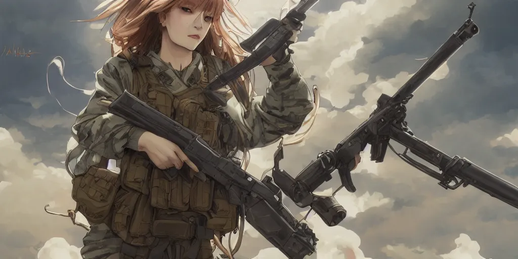 Image similar to soldier girl, alone, ground explosion, anime style, long hair, hair down, symmetrical facial features, under heavy fire, hyper realistic, pale skin, 4 k, rule of thirds, extreme detail, detailed drawing, trending artstation, hd, fantasy, d & d, realistic lighting, by alphonse mucha, greg rutkowski, sharp focus, backlit, soldier clothing