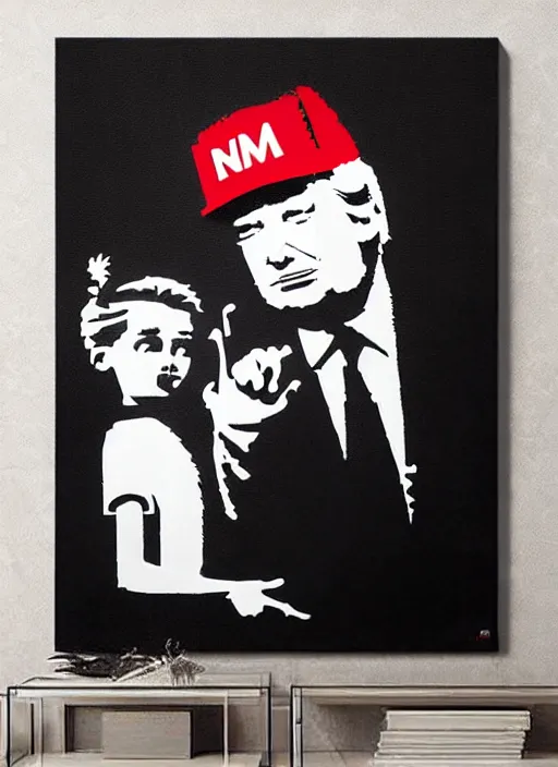 Image similar to banksy trump graffiti art on canvas