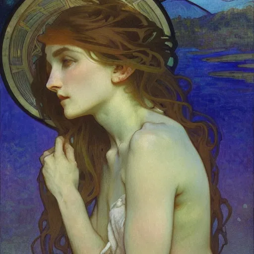 Image similar to tempera composed by alphonse mucha, by meredith marsone, by alexandre cabanel. the sculpture of two lakes in connecticut, with mountains in the distance.