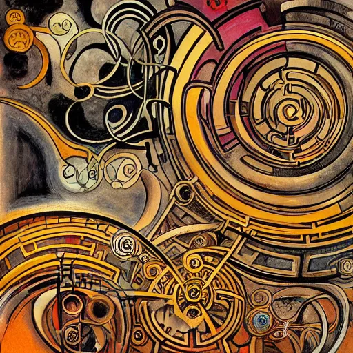 Prompt: maze labyrinth steampunk by albert gleizes and by hilma klint, hd, artstation, fluid colors