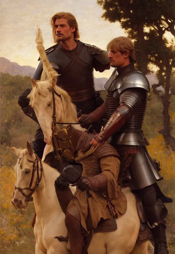 Image similar to attractive handsome fully clothed jaime lannister confesses his love for attractive fully armored brienne of tarth. centered composition. highly detailed painting by gaston bussiere and j. c. leyendecker and william adolphe bouguereau and fra angelico and octane render, musee d'orsay 8 k