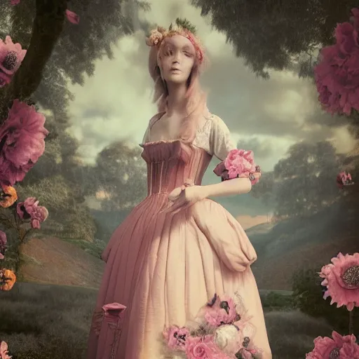 Prompt: 8 k, octane render, realism, tonalism, renaissance, rococo, baroque, portrait of a young - lady wearing long manga dress with flowers and skulls, cotton candy!! ( background chaotic flowers )