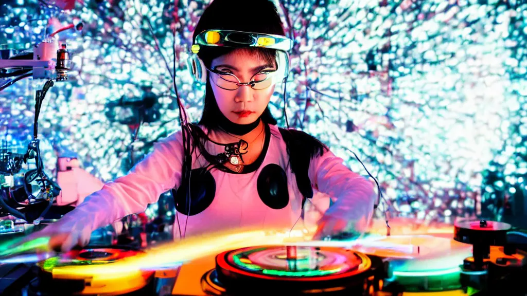Image similar to an asian woman wearing goggles and visor and headphones using an intricate clockwork record player turntable contraption, robot arms, turntablism dj scratching, intricate planetary gears, smoky atmosphere, cinematic, sharp focus, led light strips, bokeh, iridescent, black light, fog machine, hazy, lasers, spotlights, motion blur, color