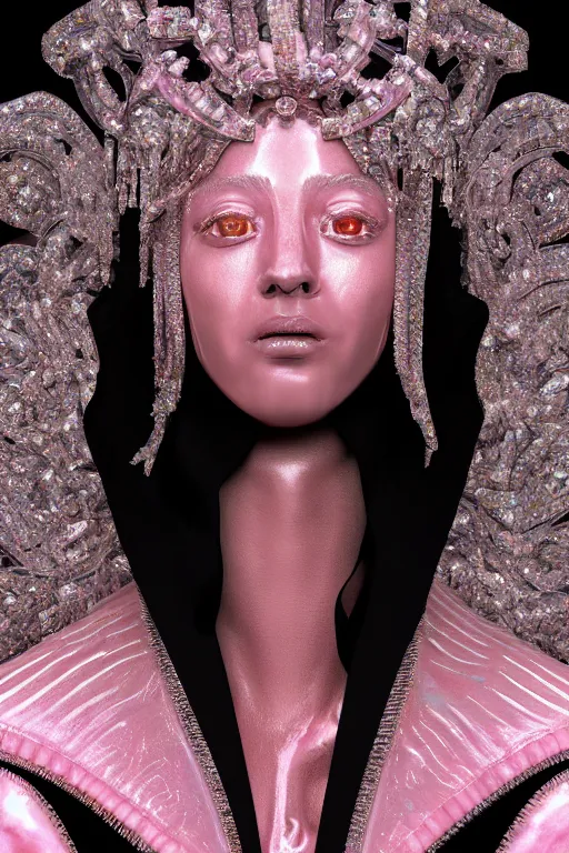 Image similar to hyper detailed ultra sharp portrait of baroque and bladerunner delicate glowing diamond sculpture of seductive muscular albino young king jose garcia, pink diamond black metallic sphinx iridescent humanoid deity wearing black cloak holding a prismatic gem, glowing pink face, crown of white diamonds, cinematic lighting, photorealistic, octane render 8 k depth of field 3 d