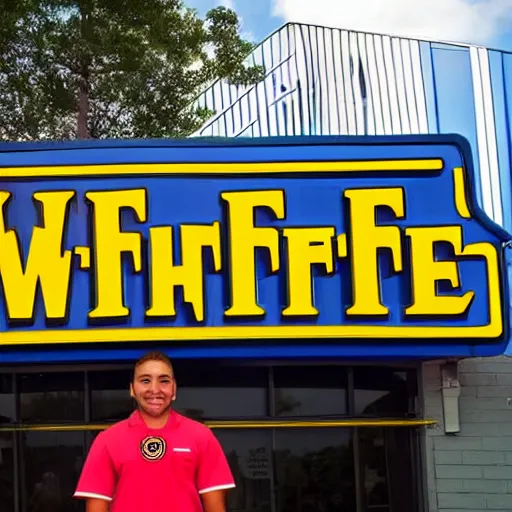 Image similar to wafflehouse employee's standing below wafflehouse sign, employees uniform is blue and black with yellow name tags