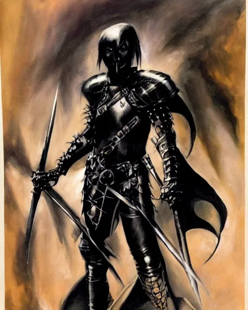 Image similar to portrait of a skinny goth punk keany reeves wearing armor by simon bisley, john blance, frank frazetta