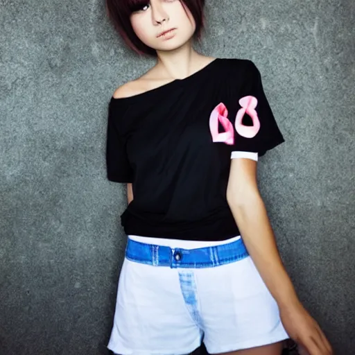 Image similar to Portrait-photograph of a flirty anime girl wearing a t-hirt and shorts