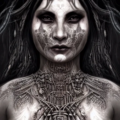 Image similar to Closeup of realistic asian Sumerian Death Goddess chalk skin etched with runic icons + mystical symbols, with small bleached bones covering vest and flowing electricity and smoke , fantasy, intricate, elegant, highly detailed, digital painting, artstation, concept art, matte, sharp focus, illustration, ghostbusters poster, art by Artgerm and peter mordenbacher