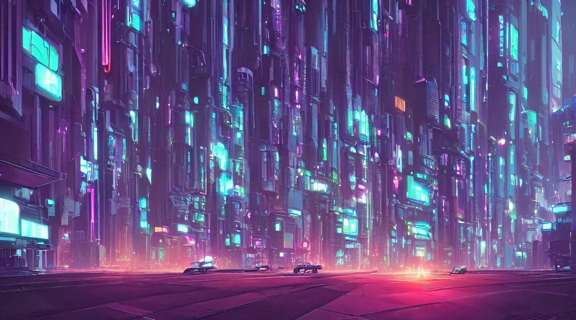 Prompt: street view of futuristic cyberpunk city at night, retro. james gilleard. cyberpunk art by stephan martiniere, cgsociety, ring towers, line art, retrofuturism, futuristic, zaha hadid, beeple