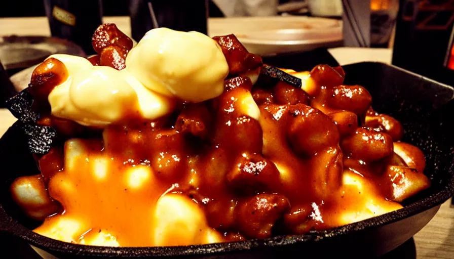 Image similar to poutine ( the canadian meal ) from mount doom, volcano texture, lava texture, fire texture, cheese curds texture