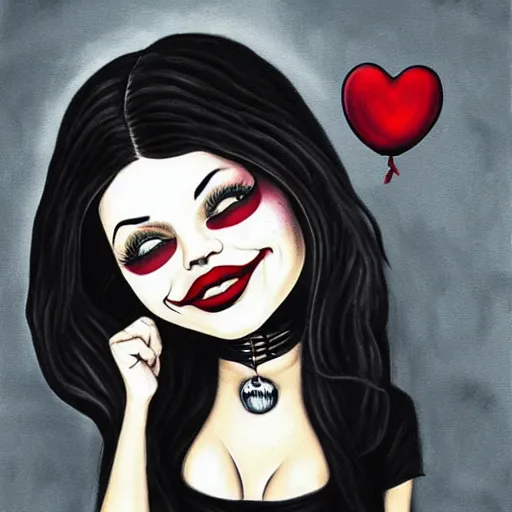 Image similar to grunge cartoon painting of kylie jenner with a wide smile and a red balloon by chris leib, loony toons style, pennywise style, corpse bride style, horror theme, detailed, elegant, intricate