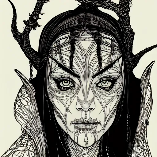 Prompt: wideview of an elven witch,intricate, veins, by Hugo pratt, ultradetailed, trending on artstation,