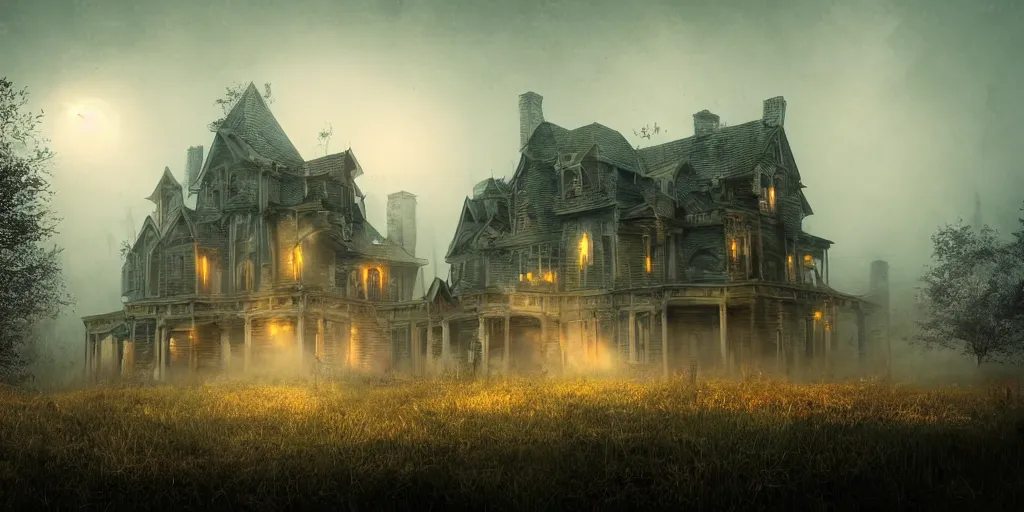 Prompt: creepy view of haunted house with many attractions, fog, rain, volumetric lighting, beautiful, golden hour, sharp focus, highly detailed, cgsociety