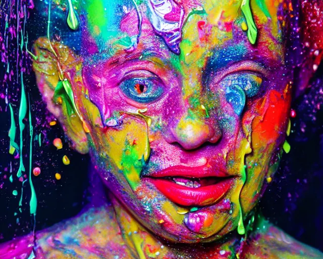 Prompt: still shot close up footage of the portrait of a female head made of acrylic pour and coloured powder explosion and splashing paint and dripping paint and flying paint chunks, motion blur, hyperrealistic, medical, intricate art photography, anatomically correct, realistic crisp textures, 1 6 k