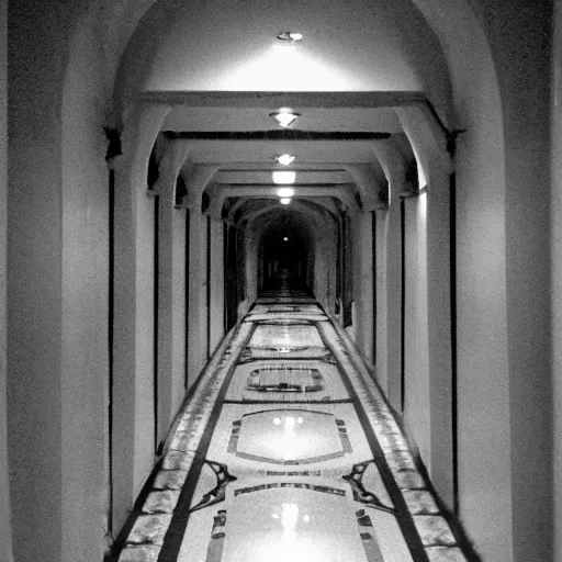 Prompt: Beautiful Fuzzy wide-eye-lens 15mm, harsh flash, cameraphone 2002, Photograph of an tiled infinite foggy foggy foggy liminal pool pool hallway hallway hallway with archways and water on the floor, mirrored