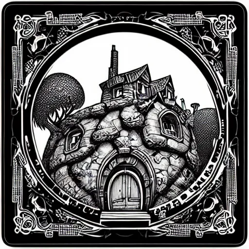 Image similar to square sticker of a hobbit palace, by joe fenton, white background, masterpiece