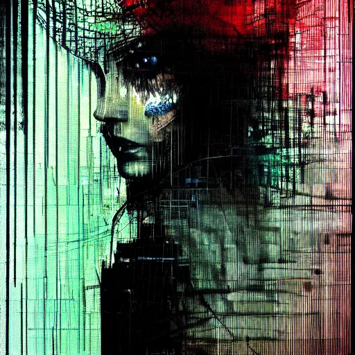 Image similar to portrait of a hooded beautiful women, mysterious, glitch effects over the eyes, shadows, by Guy Denning, by Johannes Itten, by Russ Mills, centered, glitch art, innocent, hacking effects, chromatic, cyberpunk, color blocking, digital art, concept art, abstract