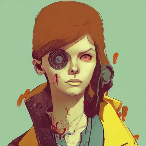 Prompt: Highly detailed portrait of a punk zombie young lady by Atey Ghailan, by Loish, by Bryan Lee O'Malley, by Cliff Chiang, inspired by image comics, inspired by graphic novel cover art !!!Yellow, brown, black and cyan color scheme ((dark blue moody background))