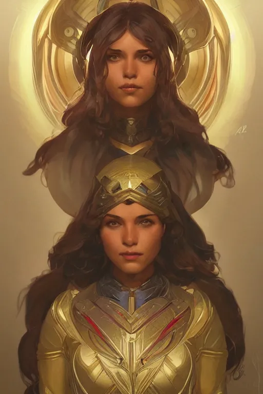 Prompt: portrait of Holy Superwoman, D&D, fantasy, highly detailed, digital painting, artstation, smooth, sharp focus, illustration, art by artgerm and greg rutkowski and alphonse mucha