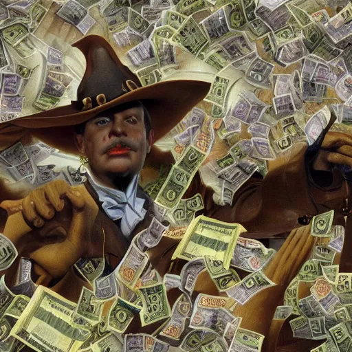Image similar to huge tornado made of dollar bills, heavy winds carrying dollars in the air, dark clouds of cash in the background, Realistic, Regal, Refined, Detailed Digital Art, Michael Cheval, Walt Disney (1937), François Boucher, Oil Painting, Steampunk, Highly Detailed, Cinematic Lighting, Unreal Engine, 8k