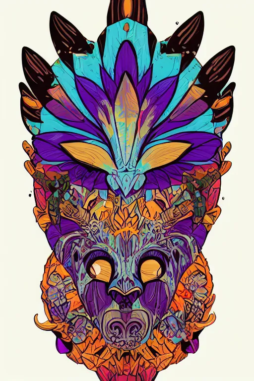 Image similar to animal mask totem roots flower tribal feather gemstone plant wood rock shaman vodoo video game vector cutout illustration vivid multicolor borderlands comics by josan gonzales and dan mumford radiating a glowing aura