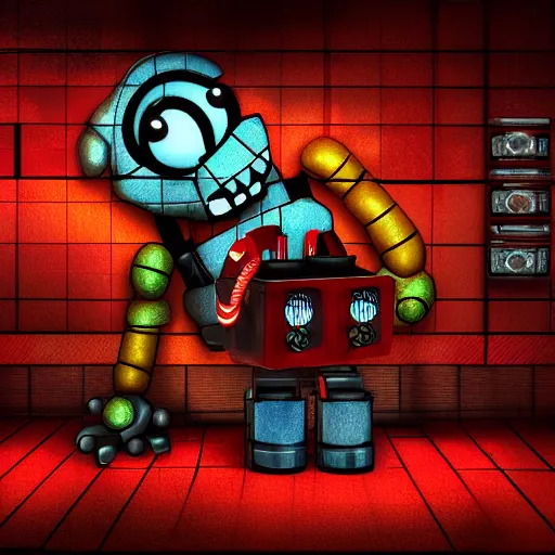 Image similar to a broken animatronic in a part of service room fnaf style digital art