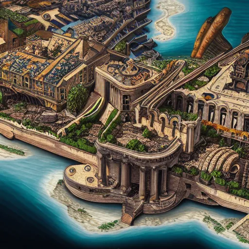 Image similar to French renaissance inspired steampunk coastal city, axonometric exploded view, high detail, 8k, photorealistic