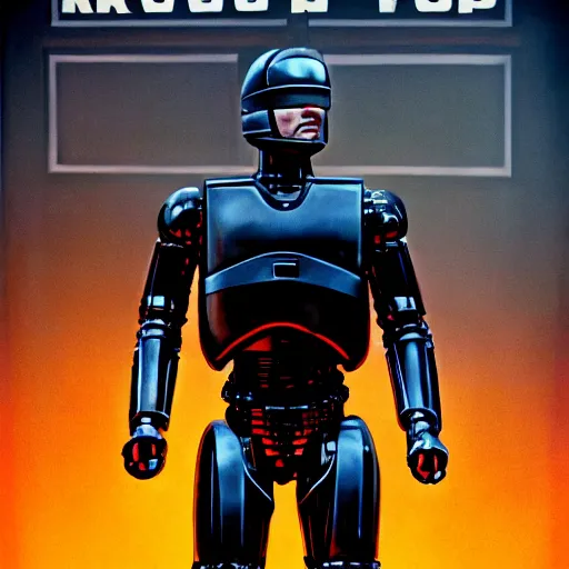 Image similar to a film poster of robocop with nicolas cage, realism, film grain