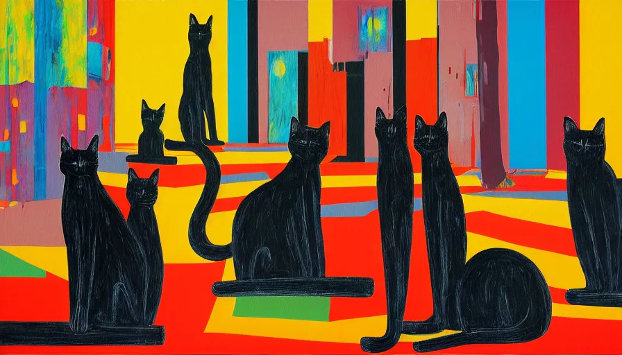 Image similar to contemporary semi abstract acrylic painting of really tall sitting cats by makoto shinkai, by stanley donwood, kessler art, thick brush strokes and visible paint layers, multicolor color scheme