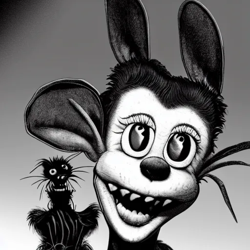 Prompt: A extremely highly detailed majestic hi-res beautiful, highly detailed head and shoulders portrait of a scary terrifying, horrifying, still of a creepy black cartoon rabbit in eraserhead with scary big eyes, earing a shirt laughing, hey buddy, let's be friends, in the style of Walt Disney animation