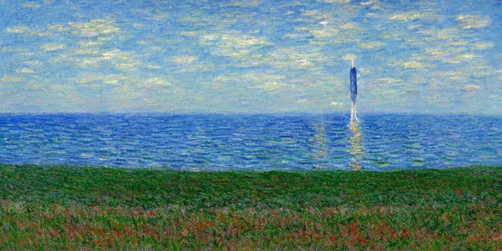 Image similar to Landing of a Falcon 9 in the style of Monet