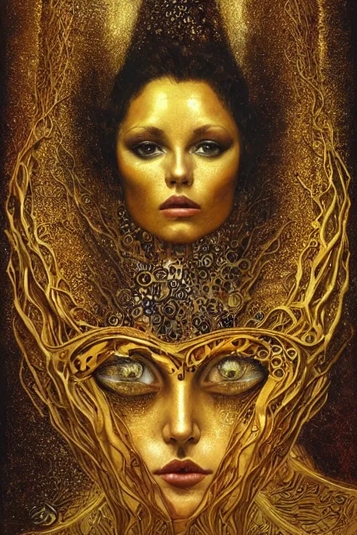 Image similar to The Heart of Gold by Karol Bak, Jean Deville, Gustav Klimt, and Vincent Van Gogh, otherworldly, fractal structures, arcane, prophecy, ornate gilded medieval icon, third eye, spirals